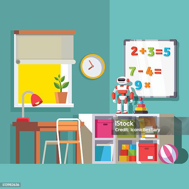 Preschool Or School Student Kid Room Interior Stock Illustration - Download Image Now - Apartment, Blue, Book