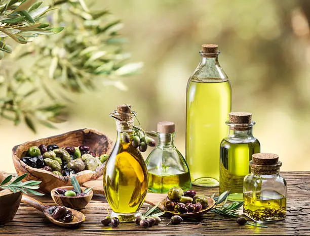 Olive oil and berries are on the wooden table under the olive tree.