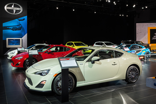 Detroit, MI, USA - January 11, 2016: Scion FR-S cars at the North American International Auto Show (NAIAS), one of the most influential car shows in the world each year.