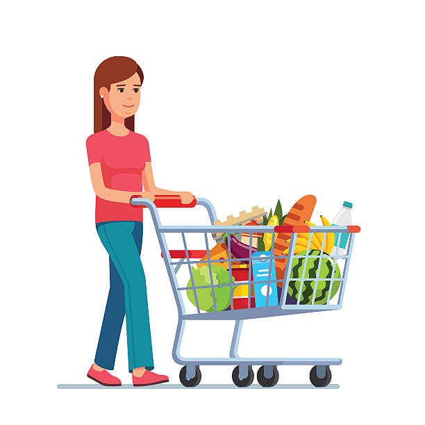 Young woman pushing supermarket shopping cart Young woman pushing supermarket shopping cart full of groceries. Flat style vector illustration isolated on white background. pushing stock illustrations