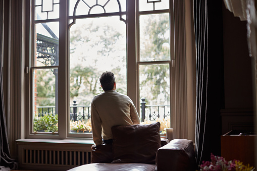 Rearview shot of a man looking through his living room window