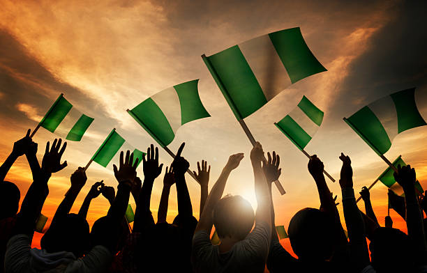 gruppe von menschen winken der flagge von nigeria - nigerian culture men africa african culture stock-fotos und bilder