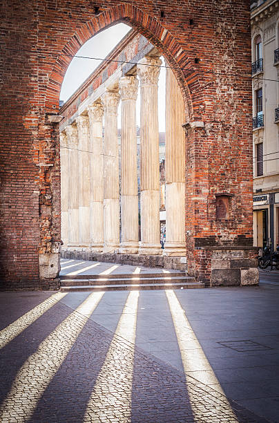 San Lorenzo Columns Backlit Arch Milan Italy stock photo