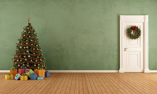Old room with christmas tree,present and closed door - rendering