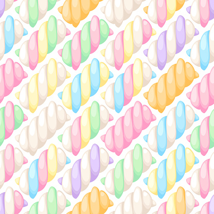 Colorful marshmallow twists seamless diagonal pattern vector illustration. Pastel colored sweet chewy candies background.