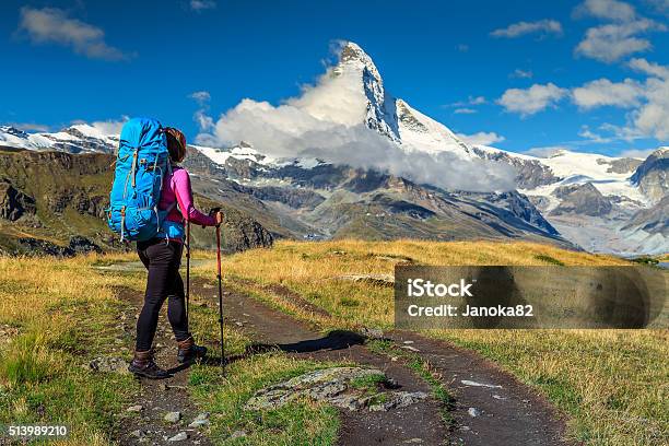 Sporty Hiker Woman With Matterhorn Peak In Backgroundvalaisswitzerland Stock Photo - Download Image Now