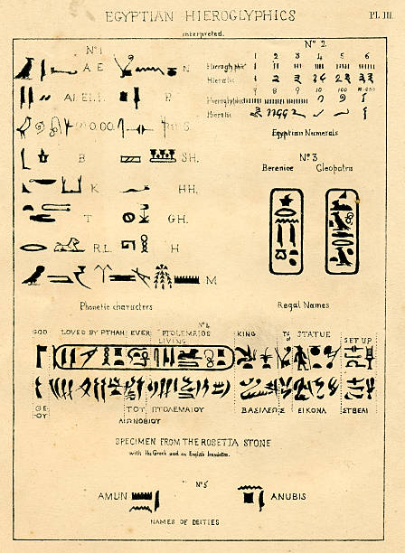 Palaeography Egyptian hieroglyphics interpreted Title: Egyptian hieroglyphics interpreted. Pl. III Includes numbers, letters and regal names including that of Cleopatra; plus a specimen from the Rosetta Stone. From: The Origin and Progress of the Art of Writing, by Henry Noel Humphreys. Published in 1868 by William Mackenzie, Glasgow, Edinburgh & London. Subtitle: A number of specimens of the writing of all ages, and a series of facsimiles from autograph letters from the fifteenth to the nineteenth century. hieroglyphics photos stock illustrations