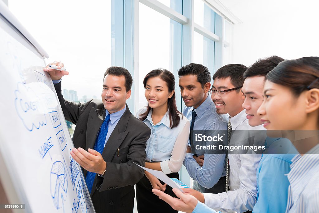 Multi-ethnic business team Multi-ethnic business team gathered around whiteboard with infographics Adult Stock Photo