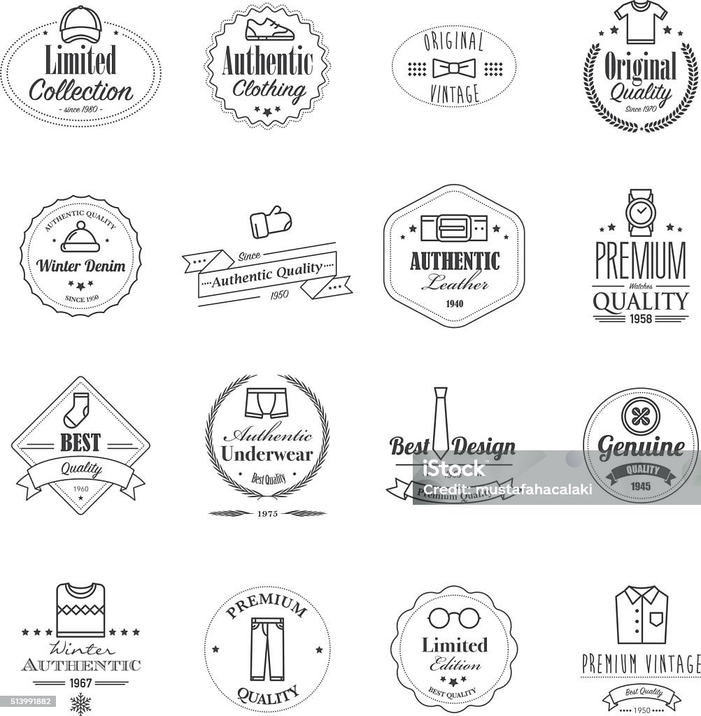 Premium clothing badges with icons Premium clothing and manwear badges with icons. Isolated on white. Eps8.  Label stock vector