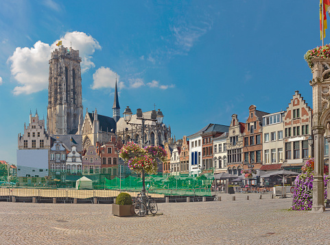 Grote Markt (Large Market square) with St. Rumbold's Cathedral on the background in Mechelen, Belgium