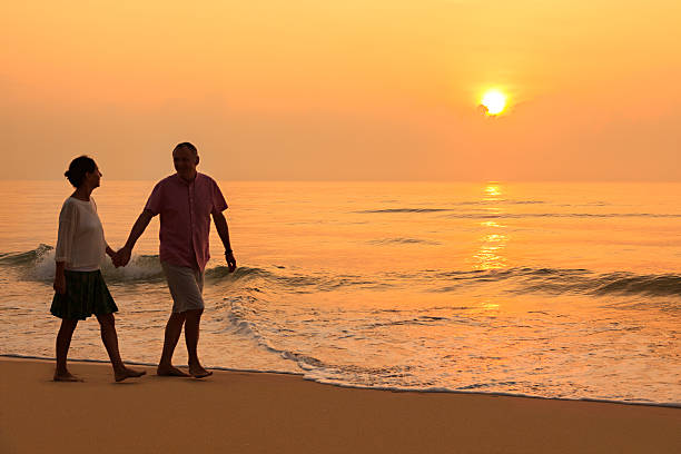 istock Senior couple at golden beach 513994642