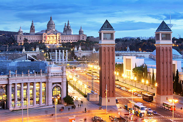 Aerial View on Placa Espanya and Montjuic, Barcelona, Spain