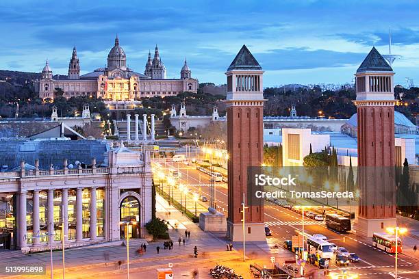 Aerial View On Placa Espanya And Montjuic Barcelona Spain Stock Photo - Download Image Now