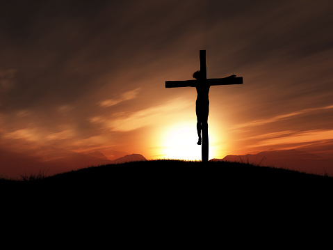 3D render of jesus on the cross at sunset