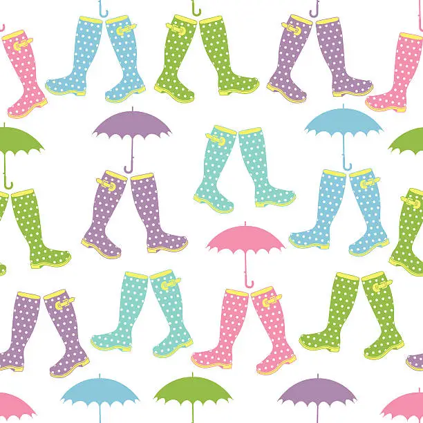 Vector illustration of Seamless pattern with colored rubber boots and umbrellas. Vector illustration.