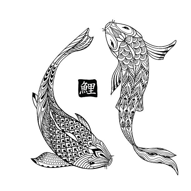 Hand drawn koi fish. Japanese carp line for coloring book Hand drawn koi fish. Japanese carp line drawing for coloring book. Doodle. Characters meaning carp animals tattoos stock illustrations
