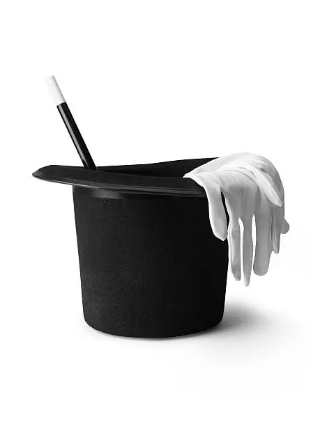 shot of a magicians top hat, gloves and magic wand isolated on a pure white background with a clipping path and copy space.
