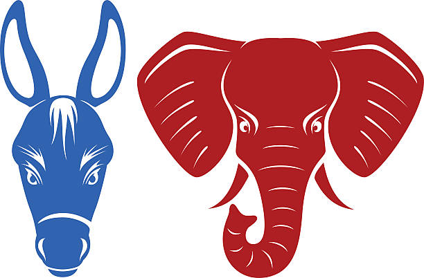 Donkey and Elephant Vector illustration of a donkey and an elephant, representing the Democratic and Republican political parties of the United States. Illustration uses no gradients, meshes or blends, only solid color. Both .ai and AI8-compatible formats are included, along with a high-res .jpg, and a high-res .png with transparent background. democratic party usa illustrations stock illustrations