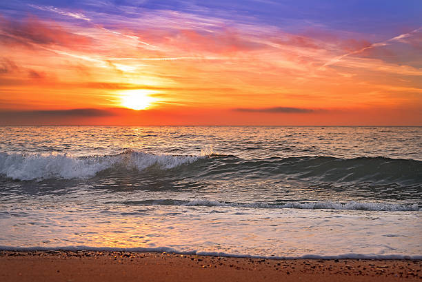 istock Colorful ocean beach sunrise with deep blue sky. 514001974