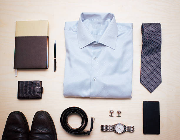 istock Men's classic outfit with blue shirt, tie and accessories 514003056