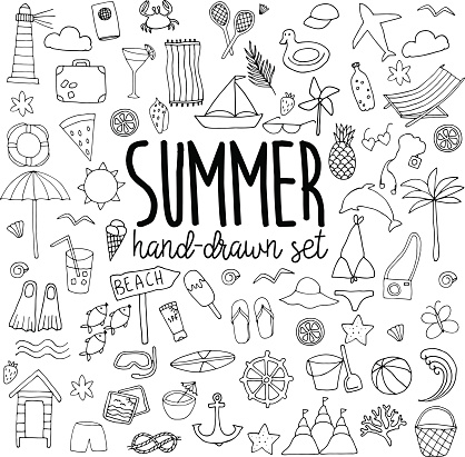 Hand drawn line summer set on white background