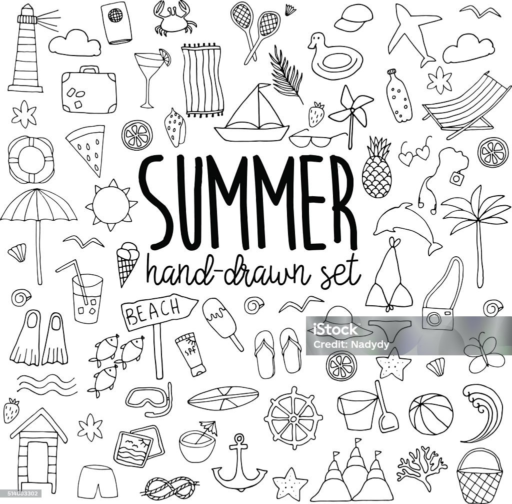 Hand drawn summer set Hand drawn line summer set on white background Summer stock vector