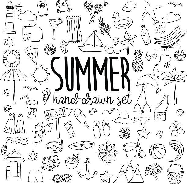 Hand drawn summer set Hand drawn line summer set on white background beach drawings stock illustrations