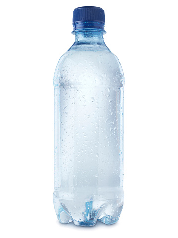 shot of mineral water bottle isolated on a white background with a clipping path, covered in condensation bubbles to show coldness.