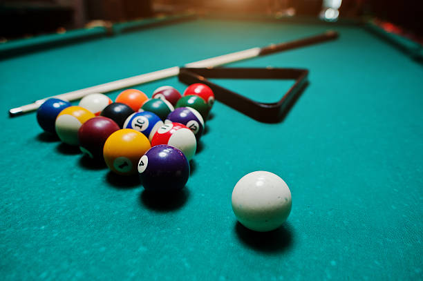 istock Billiard balls in a pool table at triangle with billiard cue 514004184