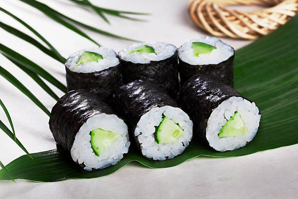 sushi roll cucumber chives mini kappa maki stock photo