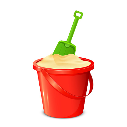 Red bucket with sand and green shovel isolated on white background, illustration.