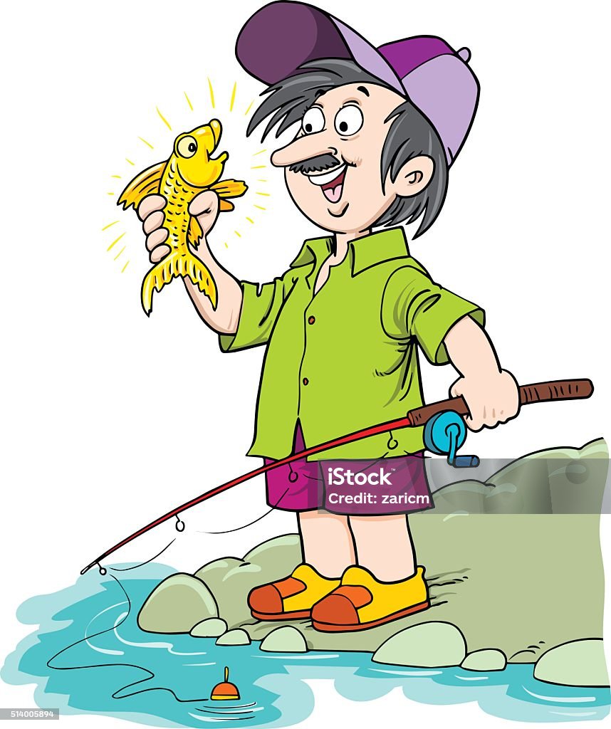 Man with gold fish Man caches a gold fish with tree wishes. Adult stock vector