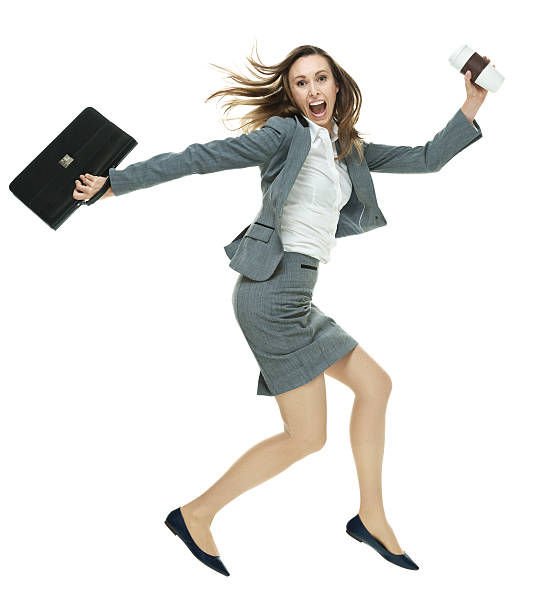 istock Businesswoman jumping & shouting with coffee cup 514027723