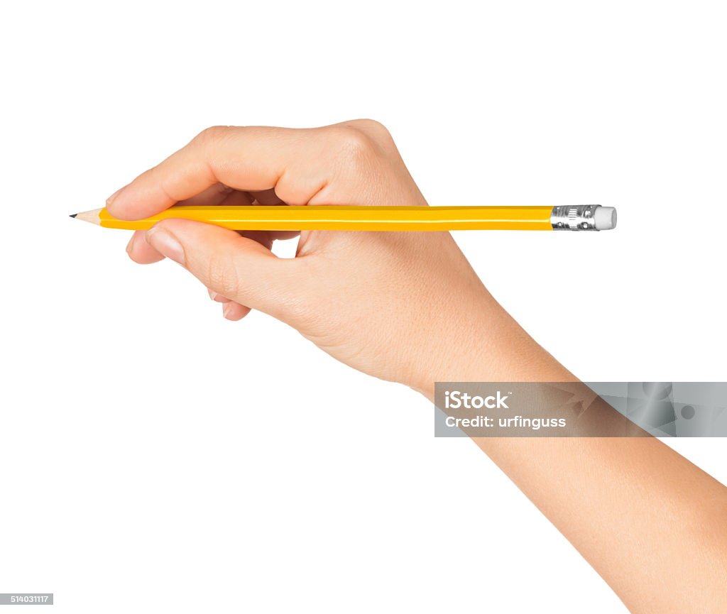 hands with pencil writing something on an isolated white background Eraser Stock Photo