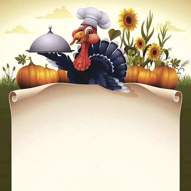 Vector illustration of Chef Turkey with Scroll Sign
