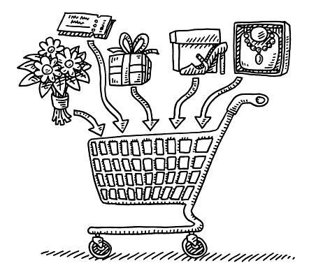Hand-drawn vector drawing of some Products, adding to a Shopping Cart. A Flower Bouquet, concert tickets, a gift box, new shoes and a necklace. Black-and-White sketch on a transparent background (.eps-file). Included files are EPS (v10) and Hi-Res JPG.