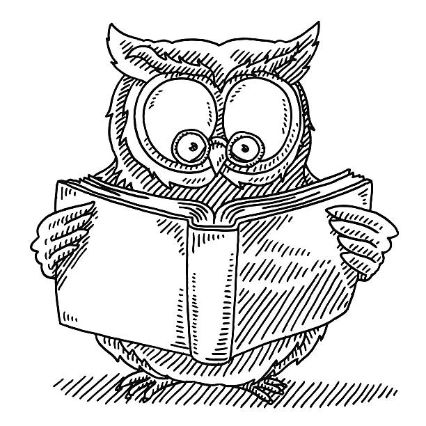 Wise Owl Reading Book Drawing Hand-drawn vector drawing of a Wise Owl Reading a Book. Black-and-White sketch on a transparent background (.eps-file). Included files are EPS (v10) and Hi-Res JPG. black and white eyeglasses clip art stock illustrations