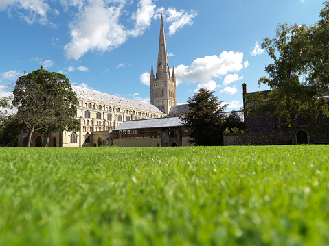 shot of cathedral on perfect english summers day with copy space in foreground