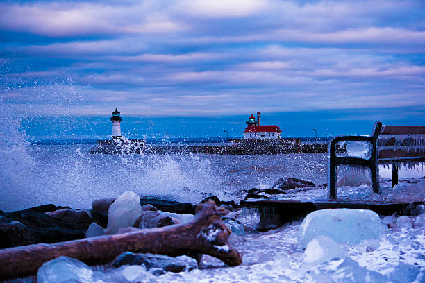 Big Waves on Lake Superior by lighthouse in Canal Park, Duluth, MN. Winter