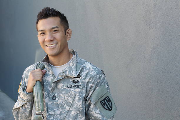 Happy healthy ethnic army soldier Happy healthy ethnic army soldier with copy space on the right south east asian ethnicity stock pictures, royalty-free photos & images