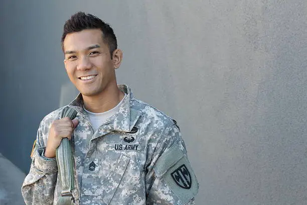 Happy healthy ethnic army soldier with copy space on the right