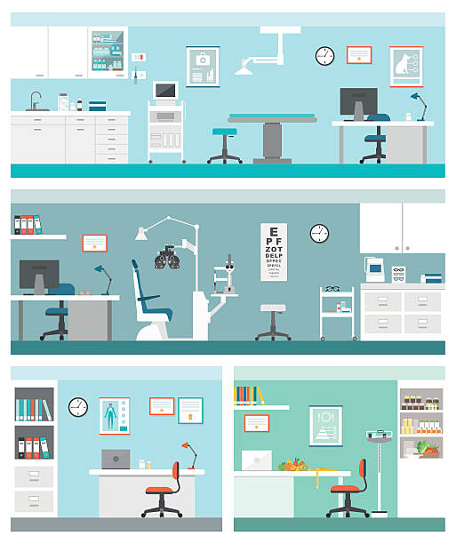 의료 및 병원 - doctors office examination table medical exam clinic stock illustrations