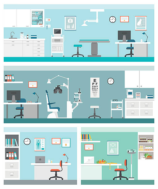 Healthcare and clinics Healthcare and clinics banners set: veterinarian clinic, optician, general practitioner and dietician doctors office stock illustrations