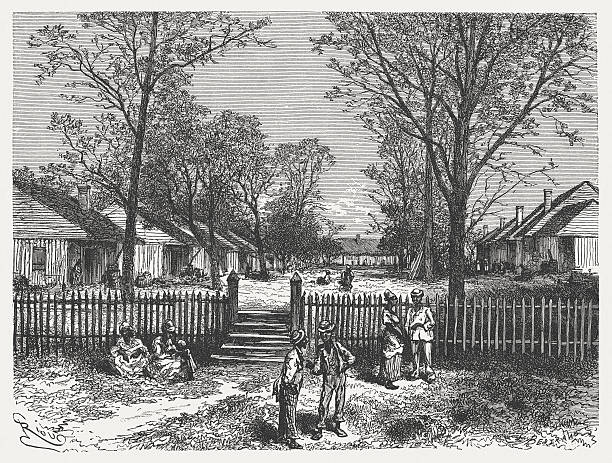 Quarters of an american cotton plantation, wood engraving, published 1880 Quarters for workers of a cotton plantation in the southern United States. Historical view of the 19th century. Wood engraving, published in 1880. slave plantation stock illustrations