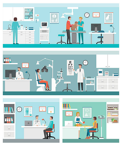 Healthcare and clinics Healthcare and clinics banners set with doctors and patients: veterinarian clinic, optician, general practitioner and dietician optometrist stock illustrations