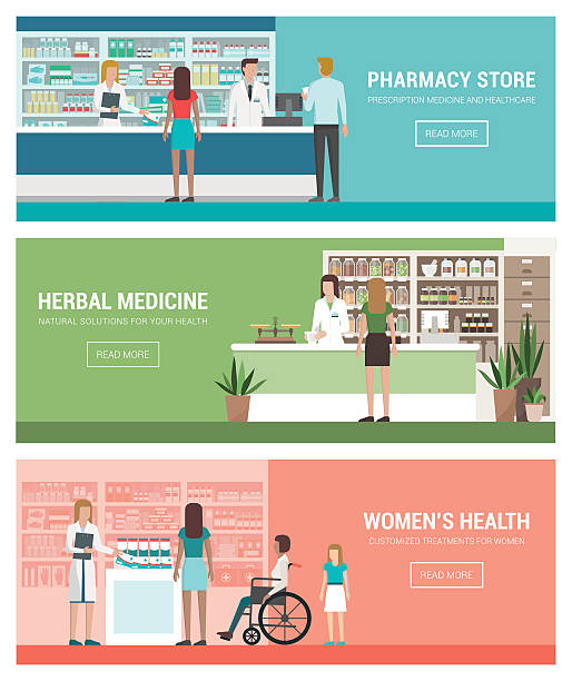 Healthcare and medicine Healthcare, pharmacy and medicine banner set with doctors and patients: pharmacy and herbalist's shop pharmacy store stock illustrations