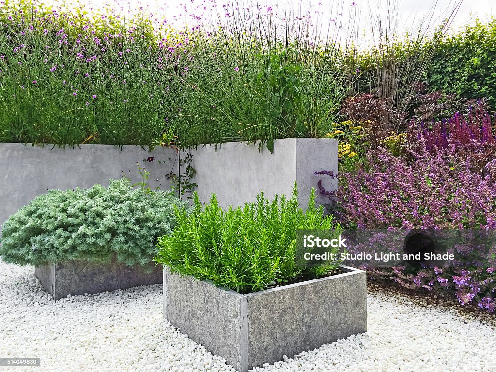 Beautiful garden with contemporary design Beautiful garden with blooming plants, concrete and stone details. Contemporary design. Flower Pot Stock Photo