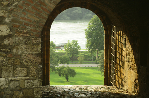Vew on the river from the big metal gate, one of the entrance of the Belgrade fortress, Serbia