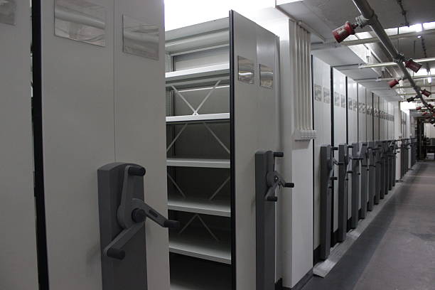 istock Library movable steel book mass shelf 514051128