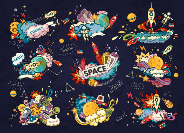 Space cartoon style Cartoon vector illustration of space. Moon, planet, rocket, earth, cosmonaut, comet, universe. Classification, milky way. Hand drawn. Abstract astronaut patterns stock illustrations